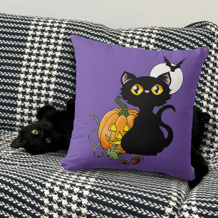 Coussin Chat noir violet Citrouille d'Halloween