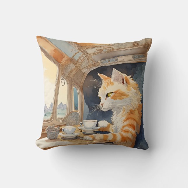 Coussin Chat orange buvant du thé  (Recto)