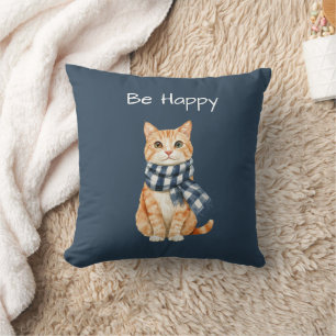 Coussin Chat orange écharpe blanche bleue Soyez heureux
