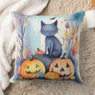 Coussin Chat Oriental Bleu d'Halloween avec des Citrouille