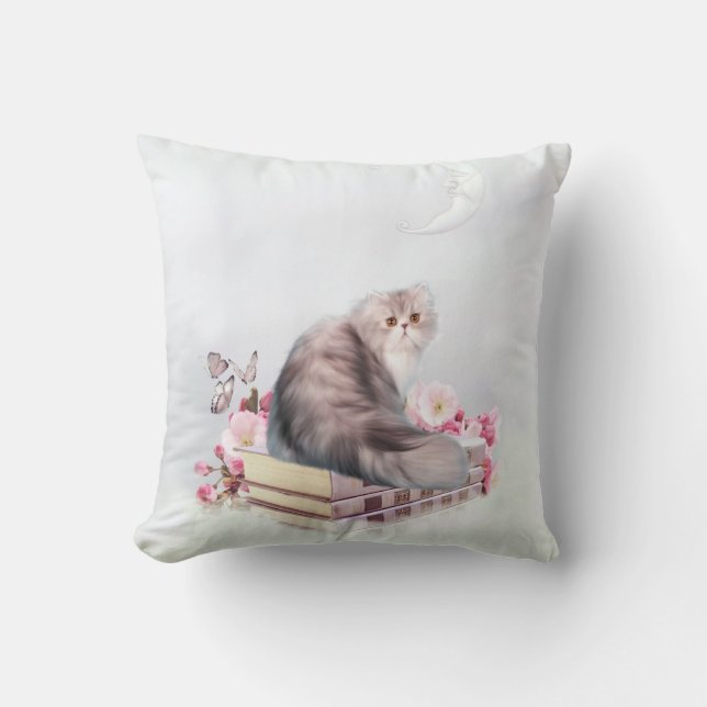 Coussin Chat persan et livres (Recto)
