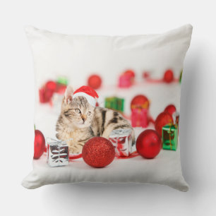 Coussin Chat portant un chapeau de Père Noël rouge Noël