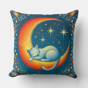 Coussin Chat se reposant sur un croissant de lune la nuit