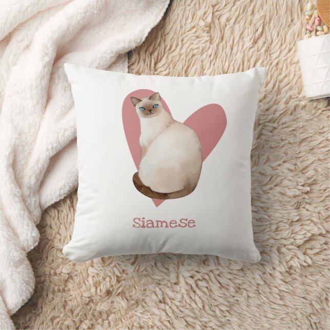Coussin Chat Siamois Aquarelle Kitty Coeur rose (Couverture)