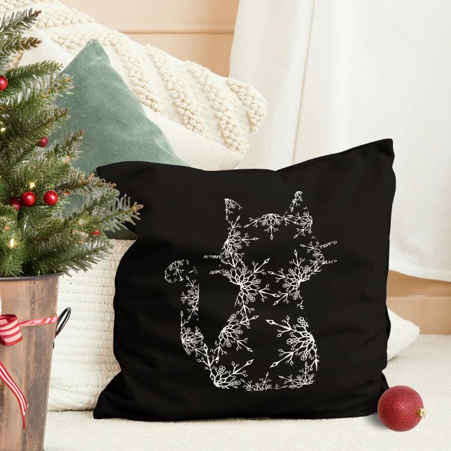 Coussin Chat silhouette flocon de neige blanc (White Snowflake Cat Silhouette Throw Pillow)