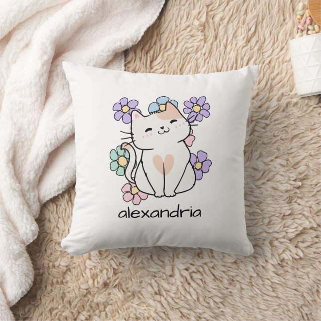 Coussin Chat souriant avec Monogramme de fleurs (Couverture)