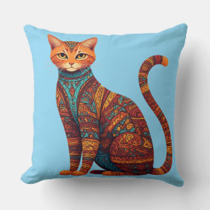 Coussin Chat tribal bohème coloré Art