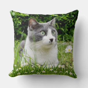 Coussin Chat Tuxedo Gris & Blanc & Fleurs