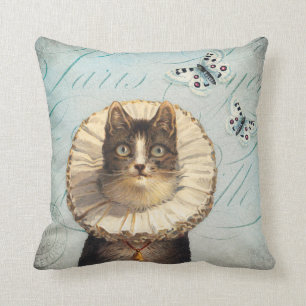 Coussin Chat vintage avec le collier et les papillons de