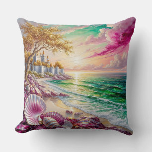 Coussin Château Magique au Bord de la Mer au Coucher du So