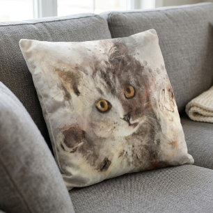 Coussin Chaton à l'aquarelle joueur avec des yeux ambre br