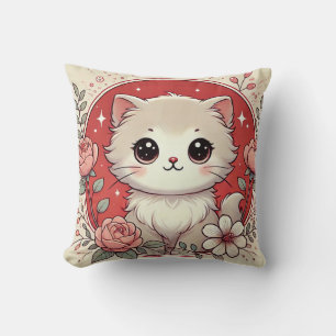 Coussin Chaton blanc de dessin animé adorable entouré de r