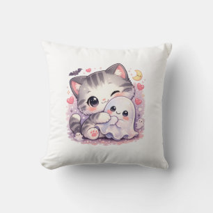 Coussin Chaton câlinant un fantôme Kawaii