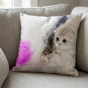 Coussin Chaton jouant avec une boule de laine rose à l'aqu