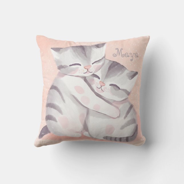 Coussin Chats Cuddin Aquarelle Pastel Rose Et Gris (Verso)
