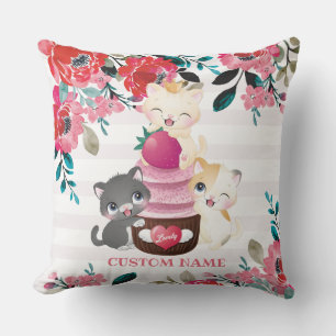 Coussin Chats de dessin animé floraux fantaisistes Gâteau