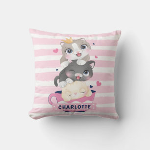 Coussin Chats de dessin animé mignons empilés rayures rose