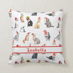 Coussin Chats de Noël Joyeux personnalisés avec chapeaux d