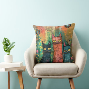 Coussin Chats en aquarelle Boho - Earthy Feline Art
