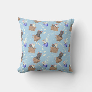 Coussin Chats en boîte et gouttes de lait sur bleu