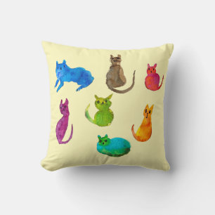 Coussin Chats fous colorés en aquarelle