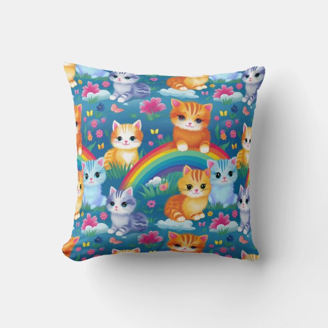Coussin Chats Kitty Heureux sur Nuages Arc-en-ciel (Recto)