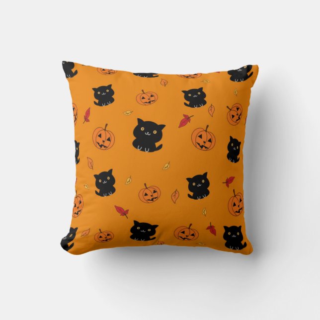 Coussin Chats Noirs Halloween Et Motif Citrouille (Recto)