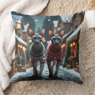 Coussin Chats Sphynx Noël Neige Fêtes