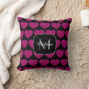Coussin Chaud coeur rose faux pétille motif Monogramme