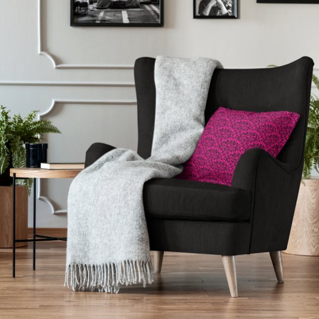 Coussin Chaud rose et noir Rose Floral Damask (Hot Pink and Black Rose Floral Damask Throw Pillow)