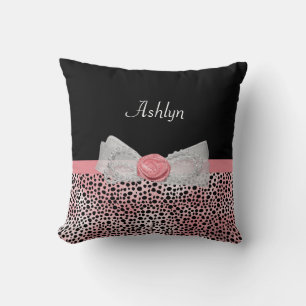 Coussin Cheetah rose et noir Imprimer Cute Bow avec nom