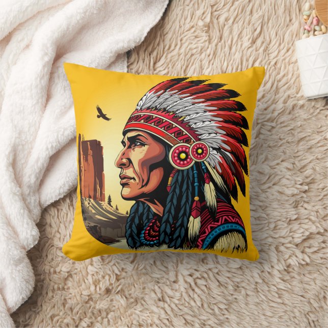 Coussin Chef amérindien sur paysage sauvage coucher de sol (Couverture)