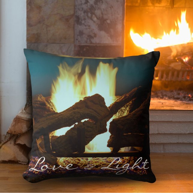 Coussin Cheminée confortable Feu lumineux Script vert Noël (Créateur téléchargé)