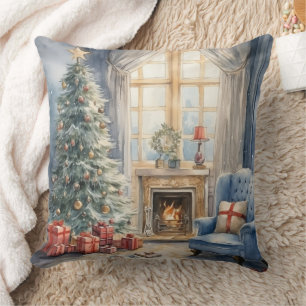Coussin Cheminée de Noël Salon Arbre Bleu