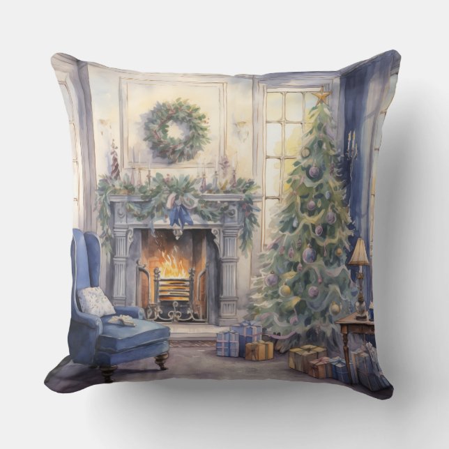 Coussin Cheminée de Noël Salon Arbre Bleu (Recto)
