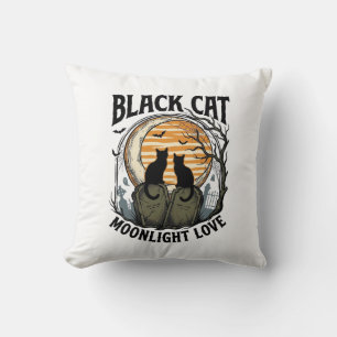 Coussin Chemise Halloween Chat Noir Vintage Lune Cimetière