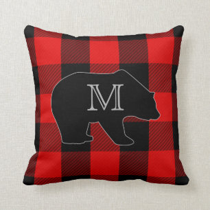 Coussin Chèque de bison rouge de bûcheron   Ours monogramm