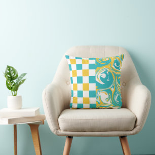 Coussin Chèques et permules en Turquoise, Jaune et Blanc