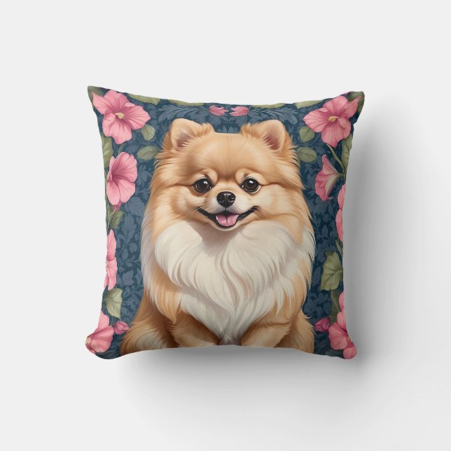 Coussin Cher Chien Poméranien Avec Pétunias Rose (Recto)