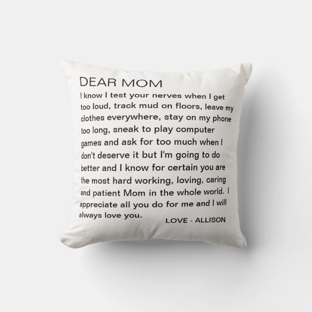 Coussin Chère lettre à ma mère Ado amusant personnalisé (Recto)