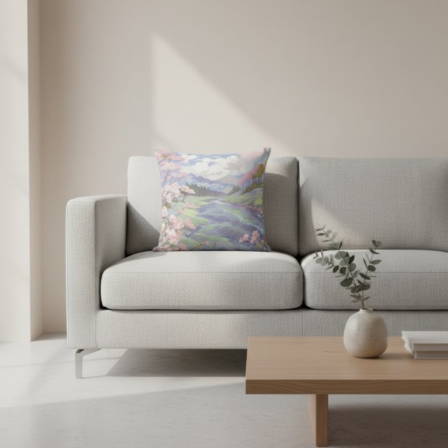 Coussin Cherry Blossoms Pastel Aquarelle Paysage (Créateur téléchargé)