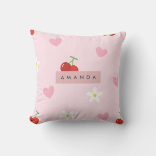 Coussin Cherry, Motif de coeur rose, marguerite et cerise