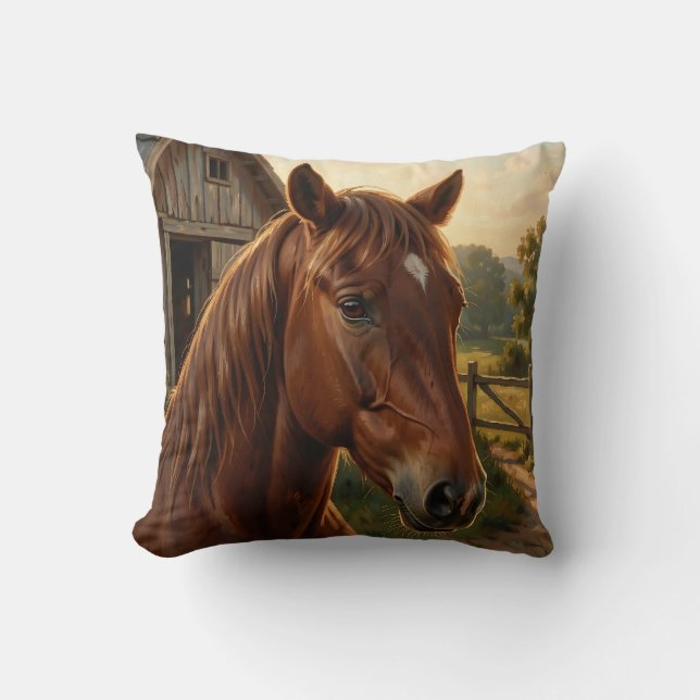 Coussin Cheval Alezan Heure Dorée Grange (Recto)