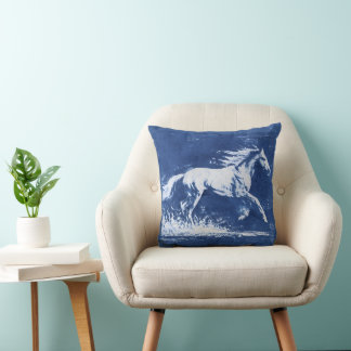 Coussin Cheval au galop de style cyanotype