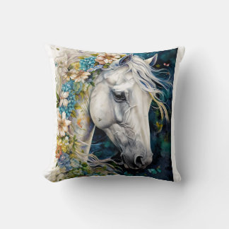 Coussin Cheval blanc fantaisie décoré de fleurs  