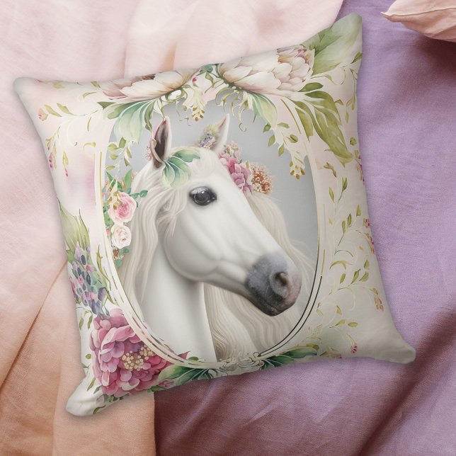 Coussin Cheval Blanc Floral Romantique (Créateur téléchargé)