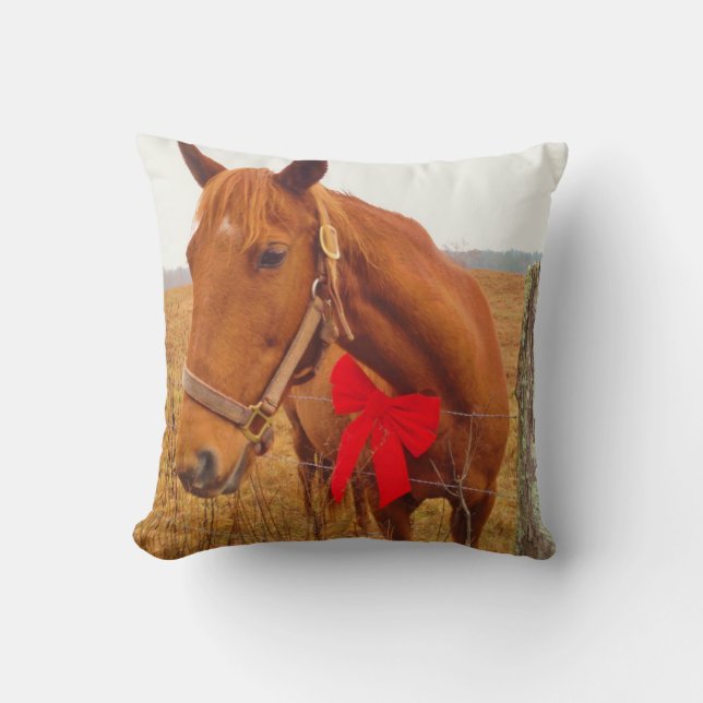 Coussin Cheval Brown, Bow rouge de Noël (Recto)