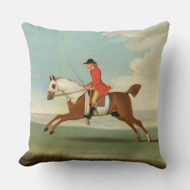 Coussin Cheval de course galopant et jockey monté en rouge (Recto)