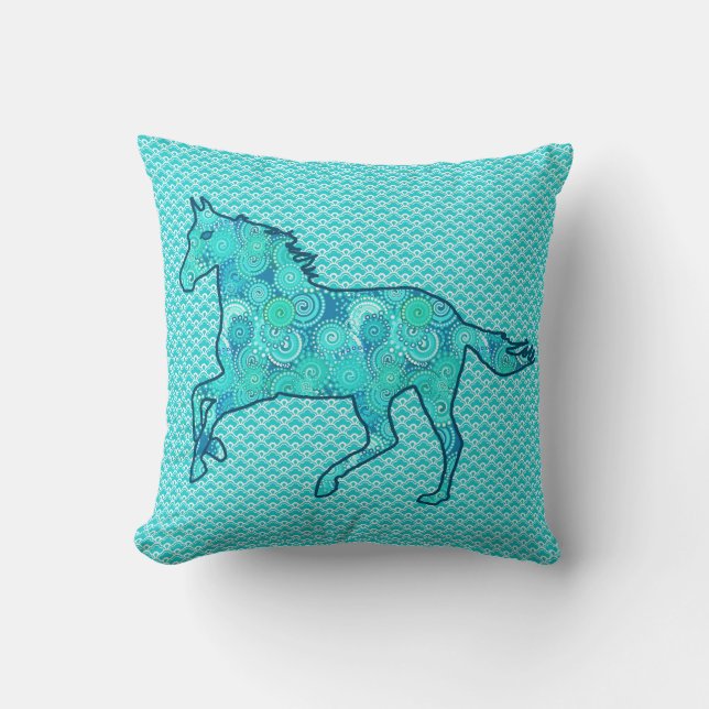 Coussin Cheval de course Silhouette, Turquoise et Aqua (Recto)
