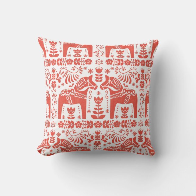 Coussin Cheval de Dala, corail et copie blanche de gens (Recto)